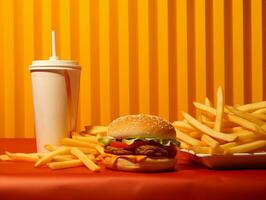 hamburguesa con papas fritas y salsa de tomate en aislado antecedentes ai generativo foto