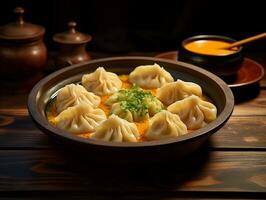 Dumplings with soup in a black plate on a wooden table AI Generative photo