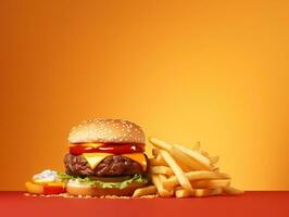 Hamburger with fries and ketchup on isolated background AI Generative photo