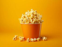 Bucket of popcorns on yellow background AI Generative photo