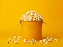 Bucket of popcorns on yellow background AI Generative photo