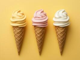 Three ice cream cones with three different flavors on isolated background AI Generative photo