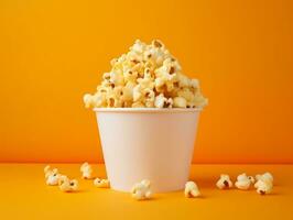 Bucket of popcorns on yellow background AI Generative photo