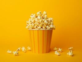 Bucket of popcorns on yellow background AI Generative photo