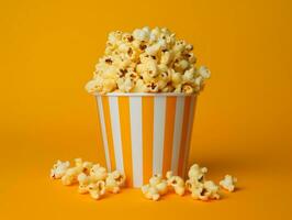 Bucket of popcorns on yellow background AI Generative photo
