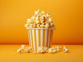 Bucket of popcorns on yellow background AI Generative photo