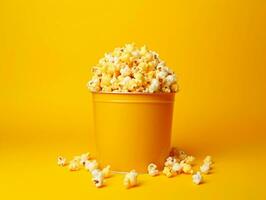 Bucket of popcorns on yellow background AI Generative photo