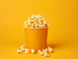 Bucket of popcorns on yellow background AI Generative photo