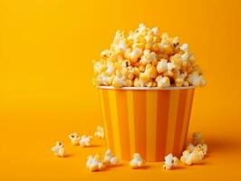 Bucket of popcorns on yellow background AI Generative photo