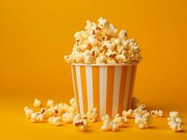 Bucket of popcorns on yellow background AI Generative photo