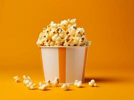 Bucket of popcorns on yellow background AI Generative photo
