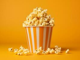 Bucket of popcorns on yellow background AI Generative photo
