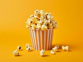 Bucket of popcorns on yellow background AI Generative photo