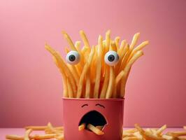 French fries cartoon character with very bright eyes on the pink background AI Generative photo