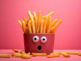 French fries cartoon character with very bright eyes on the pink background AI Generative photo