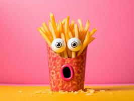 French fries cartoon character with very bright eyes on the pink background AI Generative photo