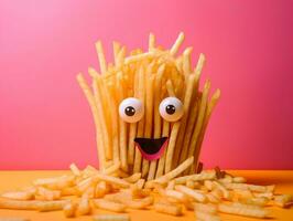 French fries cartoon character with very bright eyes on the pink background AI Generative photo