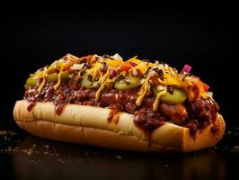 Chili dog with cheese in it on a table AI Generative photo