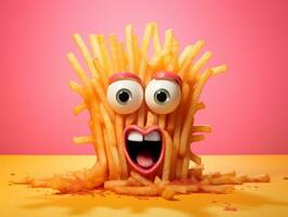 French fries cartoon character with very bright eyes on the pink background AI Generative photo