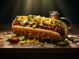 Chili dog with cheese in it on a table AI Generative photo