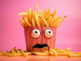 French fries cartoon character with very bright eyes on the pink background AI Generative photo