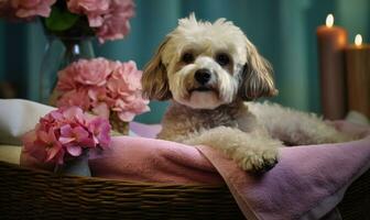 Peaceful and cozy setting with a cute dog resting in a basket. AI generative. photo