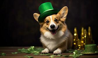 encantador corgi celebrando S t. patrick's día con un parte superior sombrero y trébol. ai generativo. foto