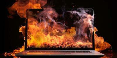 Laptop fiercely burning and smoking. AI generative. photo