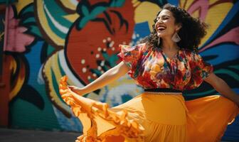 alegre mujer en naranja bailes vibrantemente en contra un vistoso. ai generativo. foto