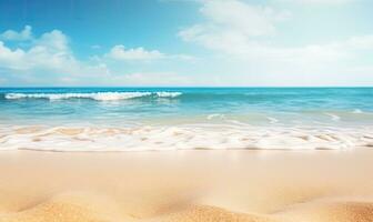 Serene beach landscape with glistening sand, gentle ocean waves. AI generative. photo