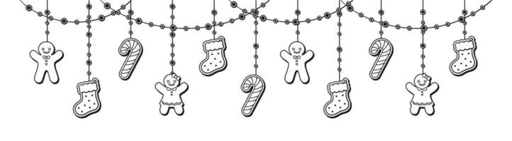 Merry Christmas Border Banner Outline Doodle, Hanging Gingerbread Cookies Garland. Winter Holiday Season Header Decoration. Web banner template. Vector illustration.