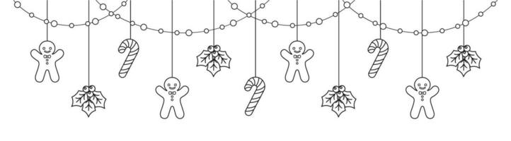 Merry Christmas Border Banner Outline Doodle, Hanging Gingerbread Cookies and Mistletoe Garland. Winter Holiday Season Header Decoration. Festive Ornaments Web Template. Vector illustration.