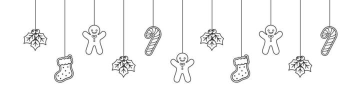 Merry Christmas Border Banner, Hanging Gingerbread Cookies and Mistletoe Garland Outline Doodle. Winter Holiday Season Header. Festive Web Banner Template. Vector illustration.