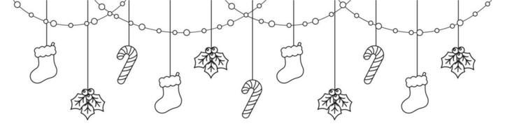 alegre Navidad frontera bandera línea Arte garabatear, colgando media, muérdago y caramelo caña guirnalda. invierno fiesta temporada encabezamiento. web bandera modelo. vector ilustración.