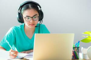 Asian woman student happy in class online learning photo
