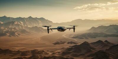 Drone hovers above a vast desert, modern technology. AI generative. photo