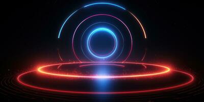 A luminous neon circle dominates the dark scene, its undulating lights. AI generative. photo