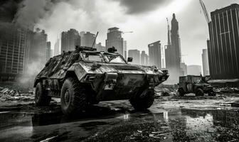 Burnt-out military vehicle. AI generative. photo