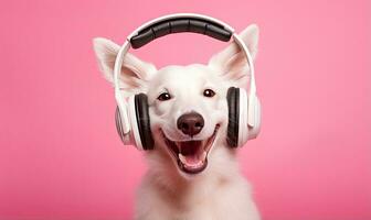 Joyful canine enjoys music with headphones. AI generative. photo