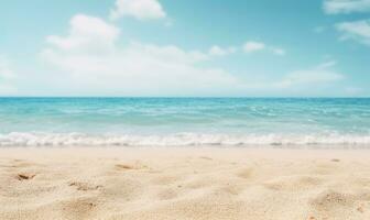 sereno playa paisaje con brillante arena, amable Oceano ondas. ai generativo. foto