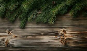 On a textured wooden surface, fresh pine branches. AI generative. photo