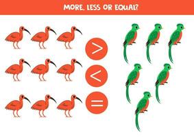 Grater, less or equal with cute scarlet ibis and green quetzal. vector