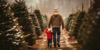 reconfortante escena de padre y hijo participación manos a un Navidad árbol granja. ai generativo. foto