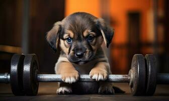 en un gimnasio configuración, un pequeño perrito junto a un barra con pesas capturas ai generativo. foto