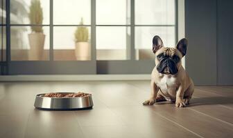 AI Generative. Content french bulldog beside a food bowl. Created with AI photo