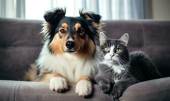 In a serene living room, two adorable pets, a dog and a cat. AI generative. photo