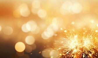 A sparkler emits shimmering light against a golden bokeh background. AI generative. photo