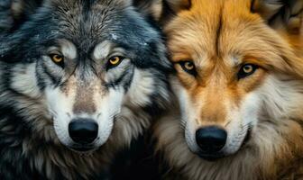 Intense gazes of two wolves showcasing their power, AI generative. photo