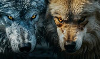 Intense gazes of two wolves showcasing their power, AI generative. photo