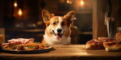 Charming corgi dog joyfully enjoys a delightful meal at a cozy wooden table. AI generative. photo